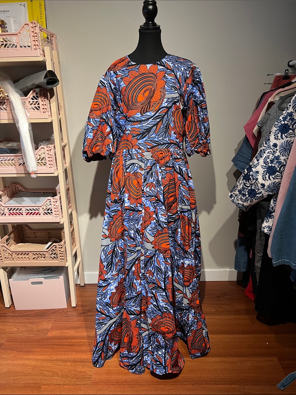 Dutch Wax Print Tiered Maxi Dress in Reddish-Orange & Blue